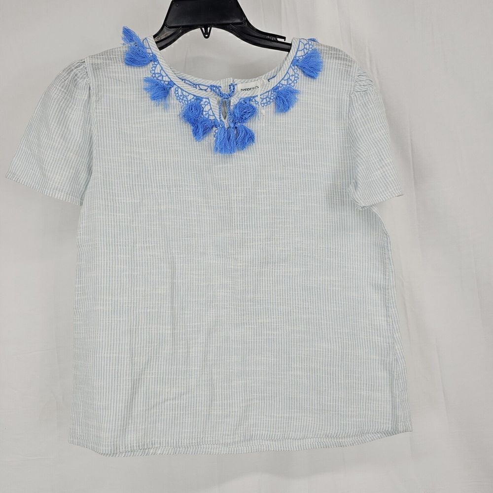 Poppet & Fox Blue White Striped Top With Embroidered Tassel Neckline Girls Sz 14